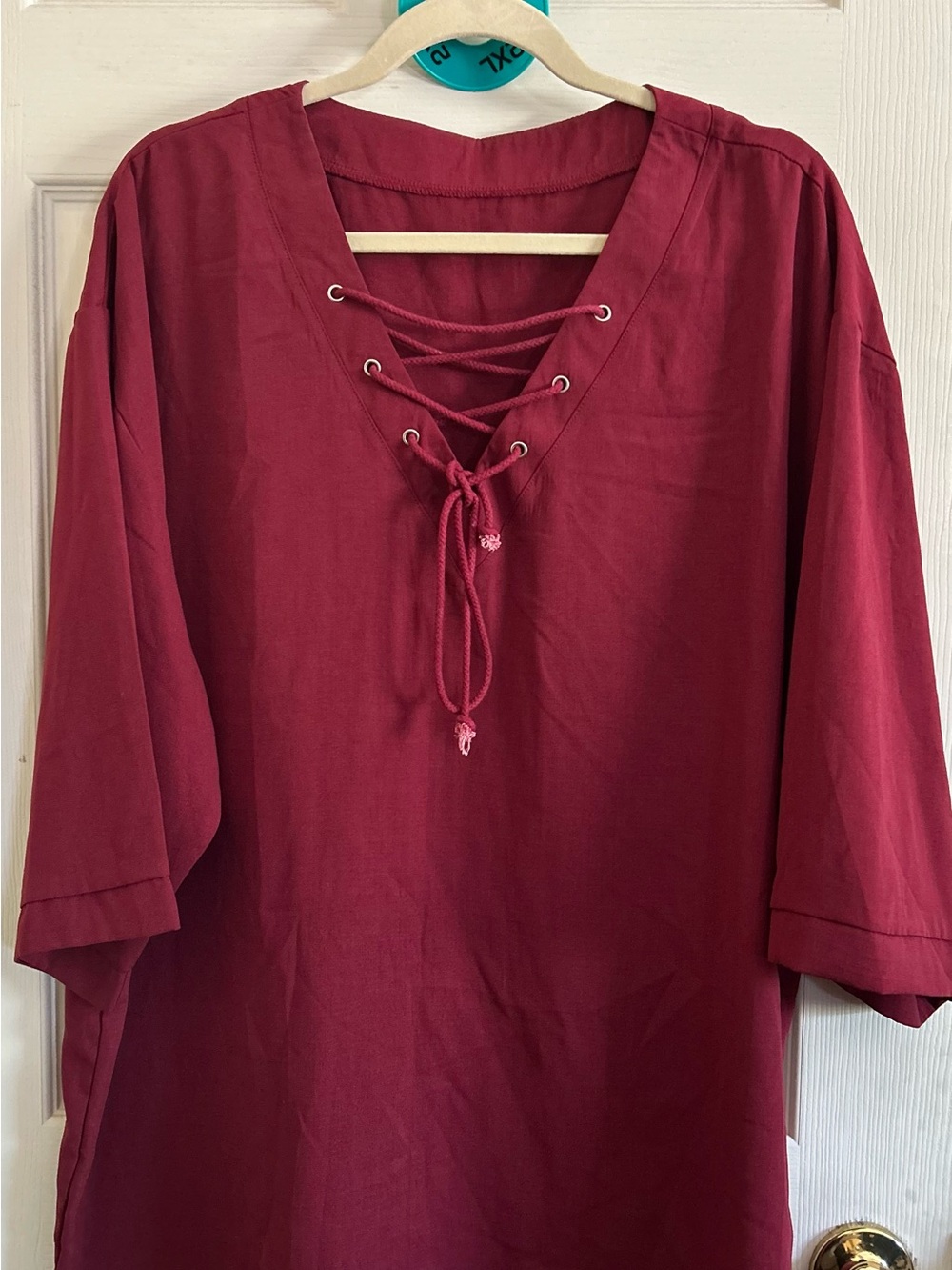 2XL. Target Women's Lace-Up V-Neck Long Sleeve Top in Burgundy
